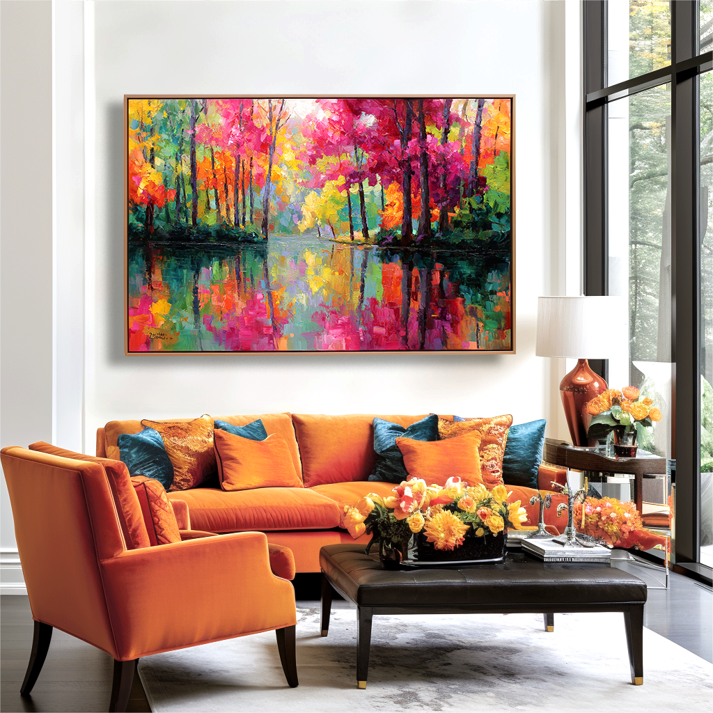 Abstract painting of colorful autumn trees and their reflections in a peaceful water body