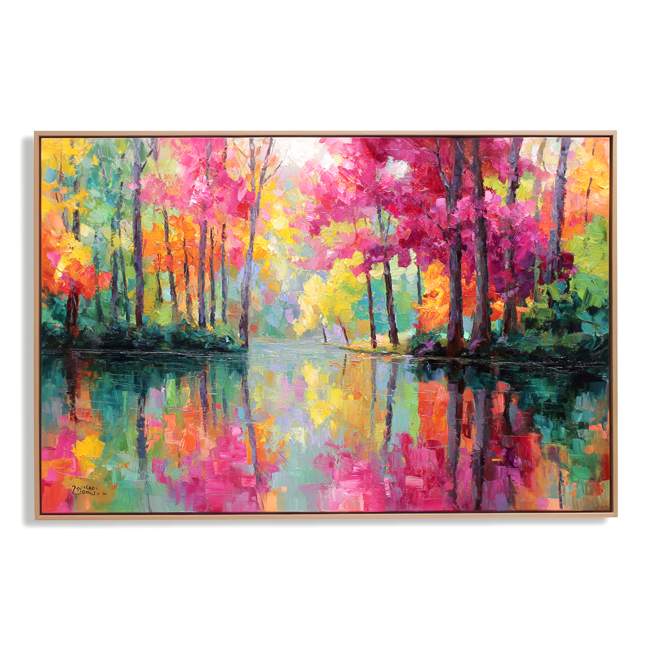 Abstract painting of colorful autumn trees and their reflections in a peaceful water body