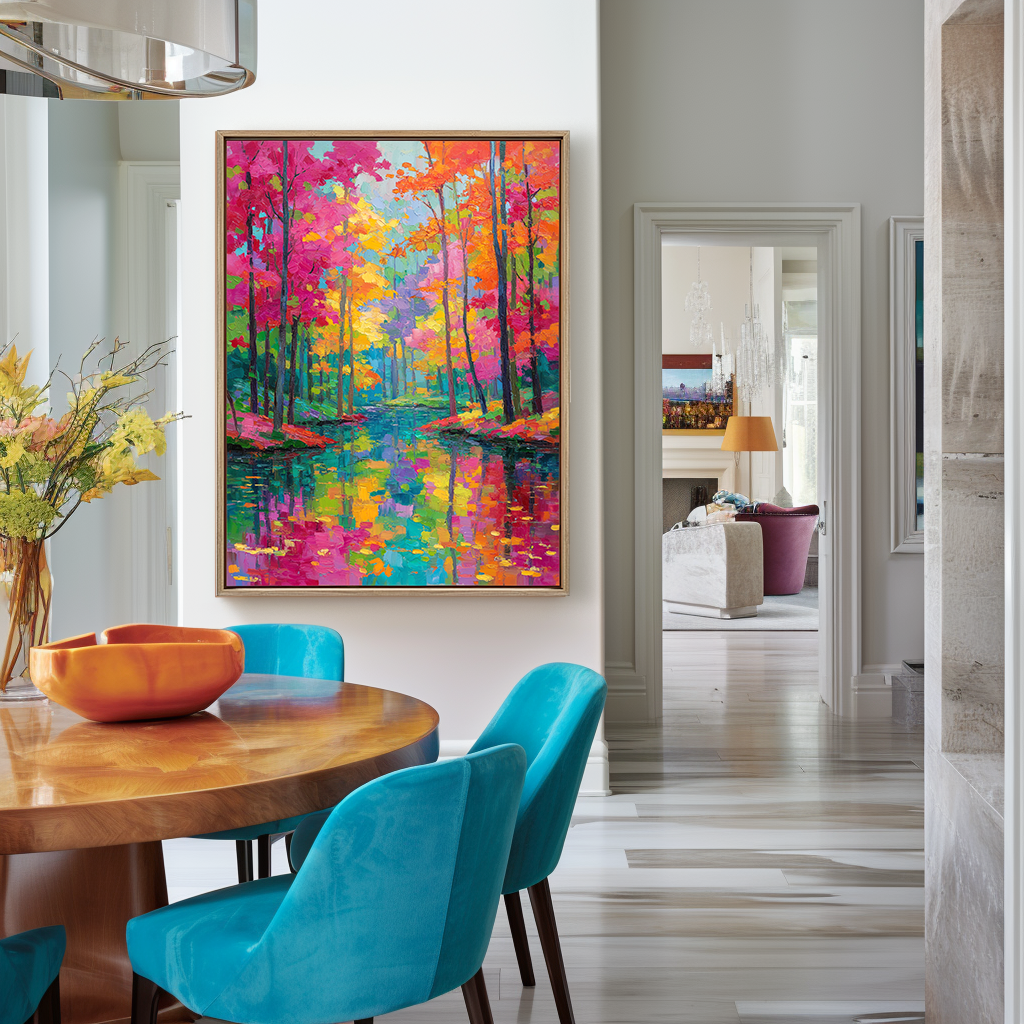 Abstract autumn landscape painting with colorful fall trees and reflections in a calm water body