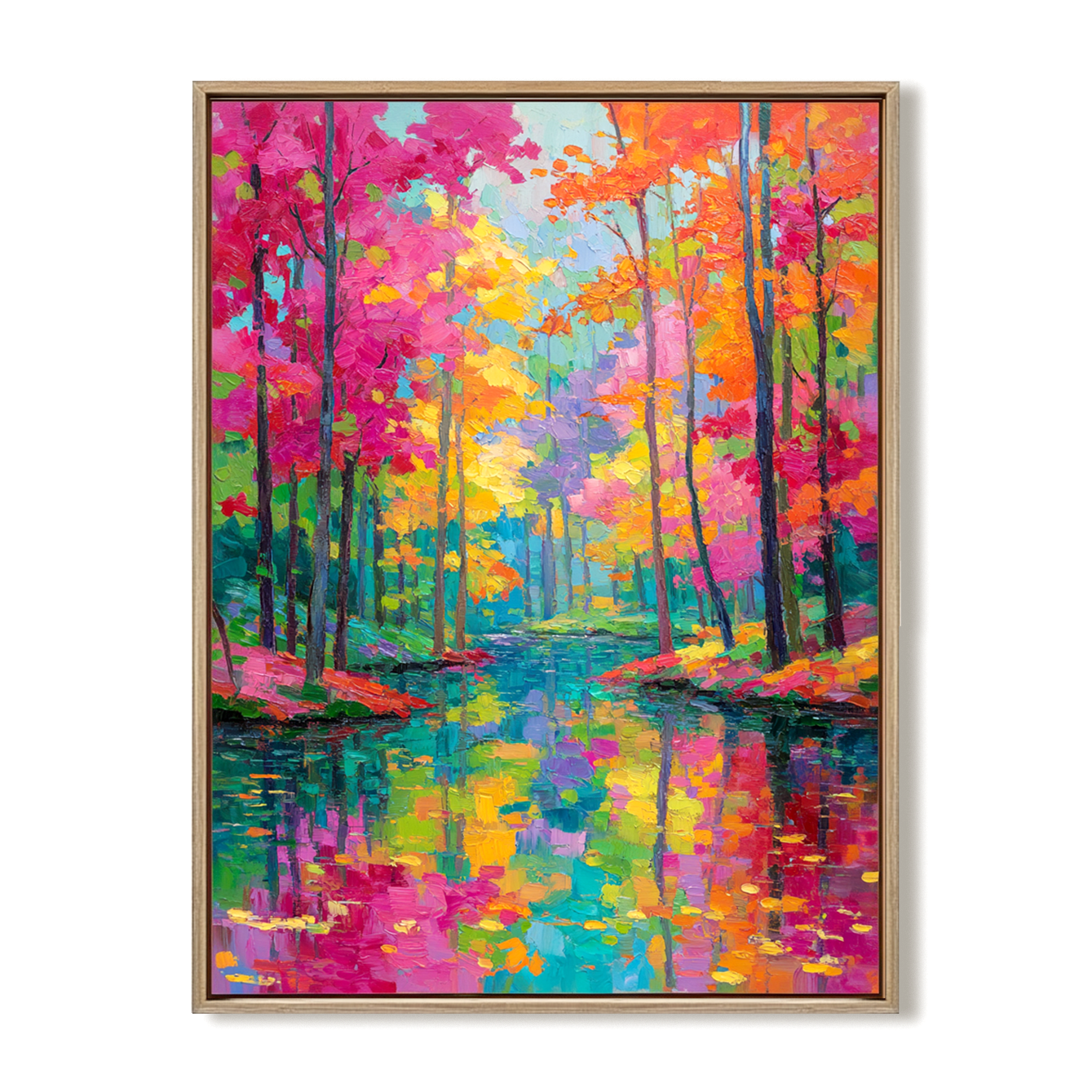 Abstract autumn landscape painting with colorful fall trees and reflections in a calm water body