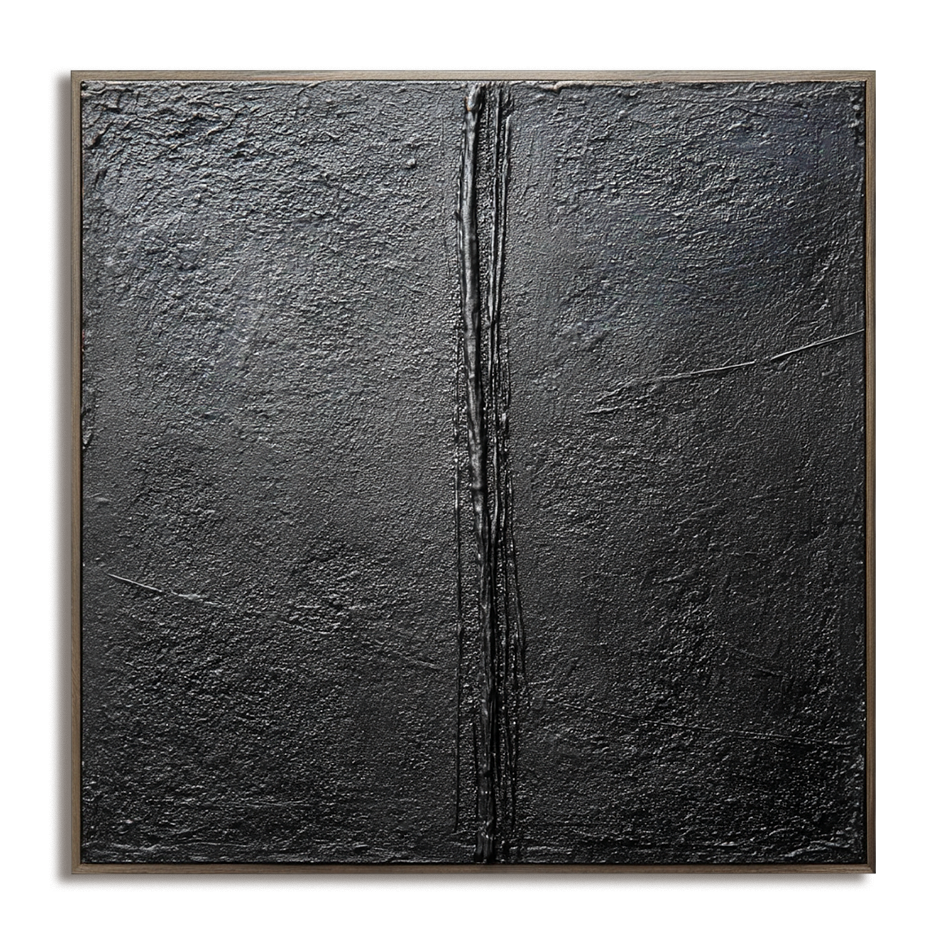 Textured black abstract painting with vertical ridge, minimalist Wabi-Sabi wall art