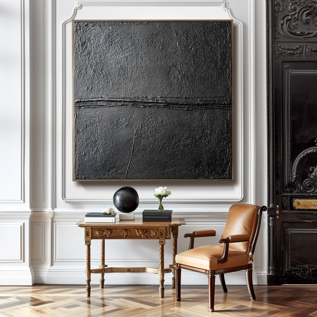 Textured black abstract painting with vertical ridge, minimalist Wabi-Sabi wall art