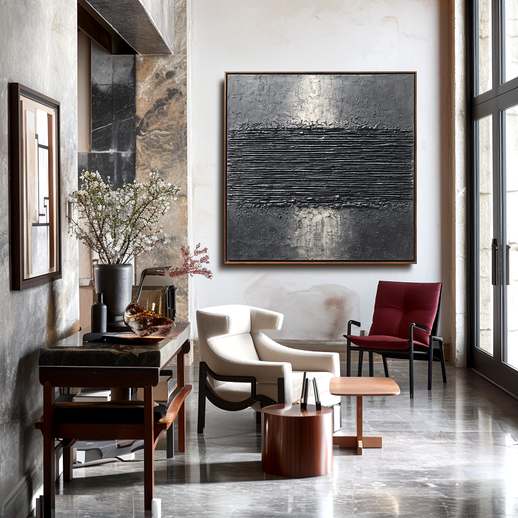 Textured black and silver abstract painting with horizontal ridges, minimalist wall art