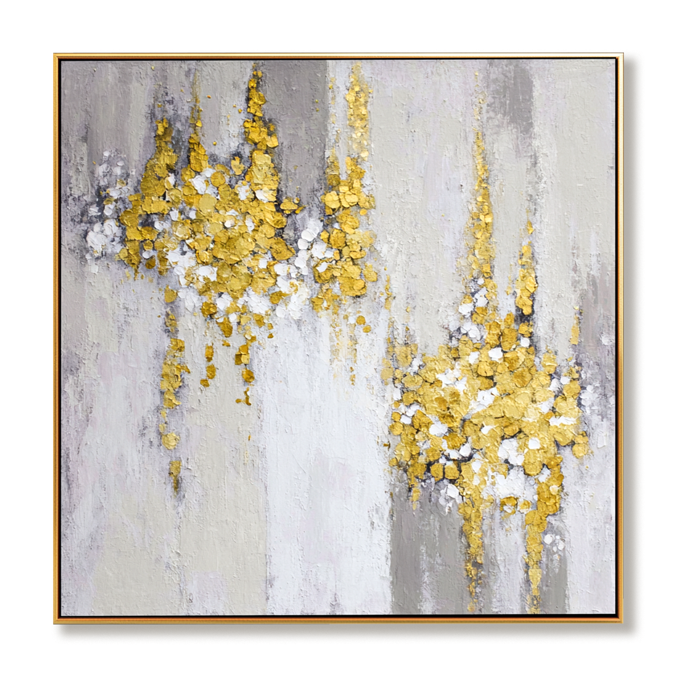 Gold and white textured abstract painting with golden clusters on a gray and white background