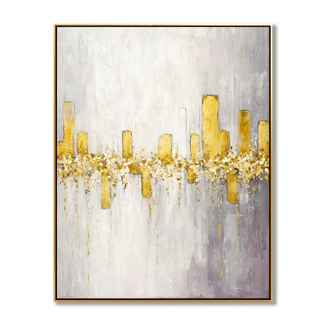 Abstract painting with golden vertical columns and golden accents on a soft white and gray background