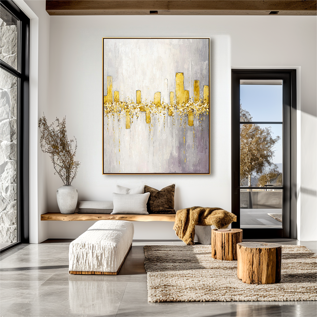 Abstract painting with golden vertical columns and golden accents on a soft white and gray background