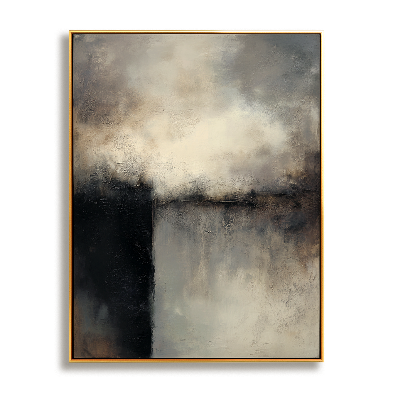 Abstract atmospheric painting with dark tones and misty light textures, perfect for modern interior decor