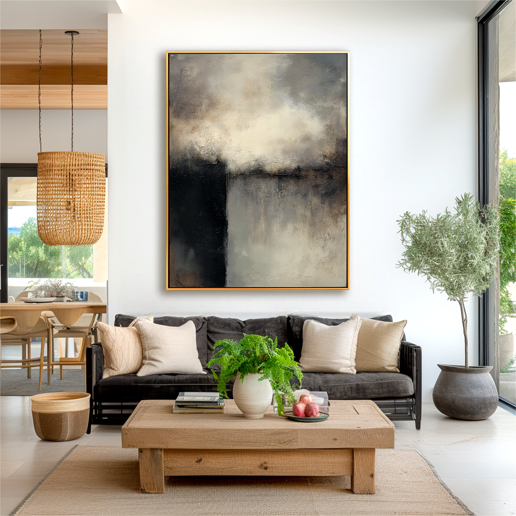 Abstract atmospheric painting with dark tones and misty light textures, perfect for modern interior decor