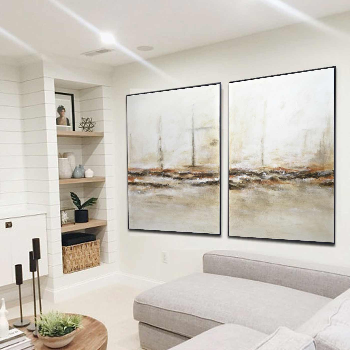 Set of 2 Light Beige Abstract Paintings "Taken"