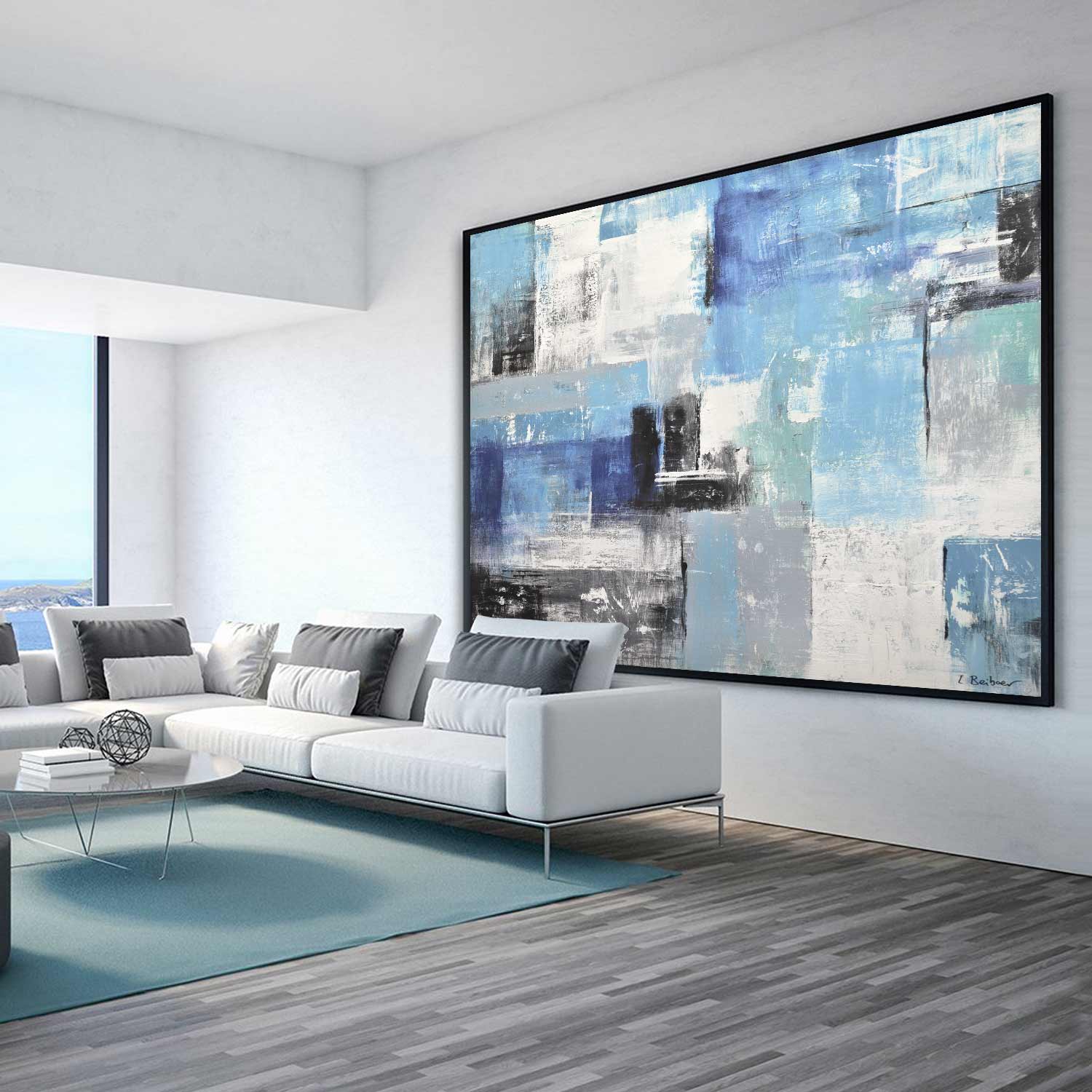 Geometric Abstract Blue Framed Art "Blue Zone"