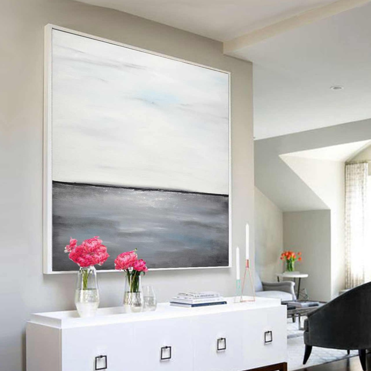 Large Custom Landscape Painting Grayscale Minimal "Gray Waters"